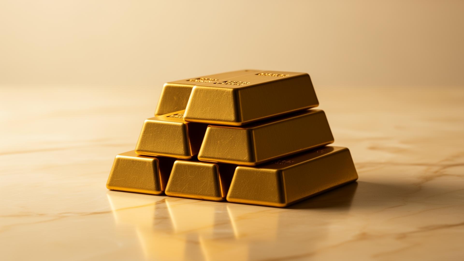 Stacked physical gold bullion bars on warm ivory marble